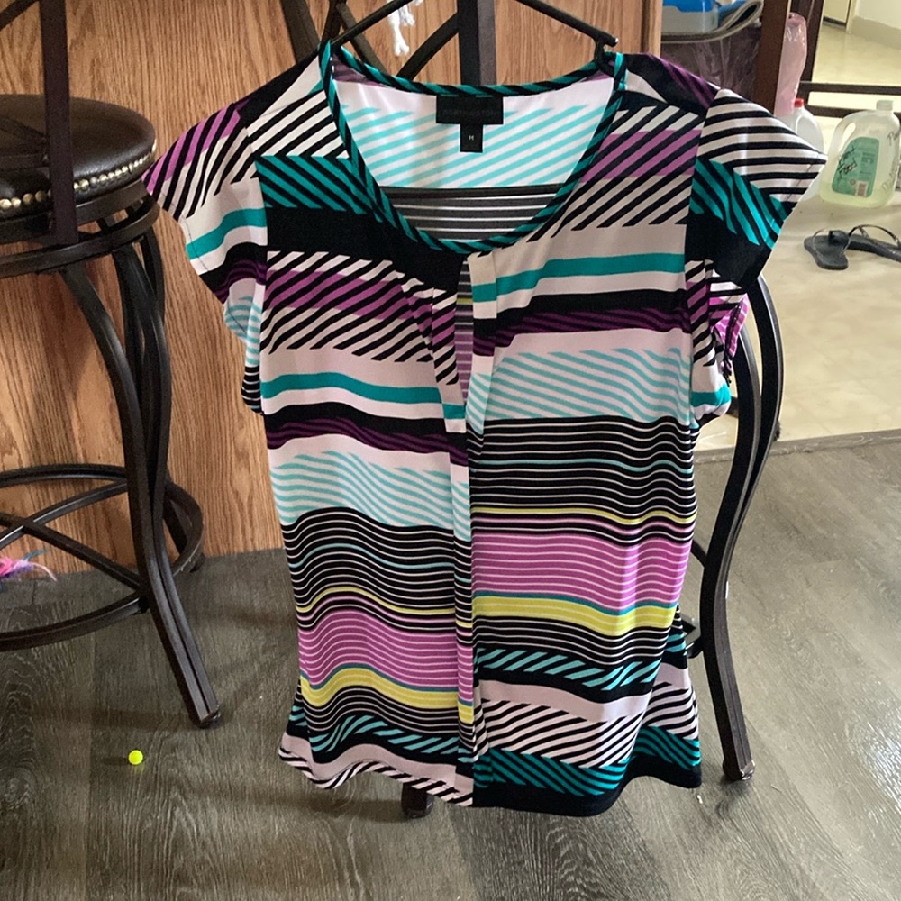 Worthington Blue and Black Graphic Buttoned Blouse